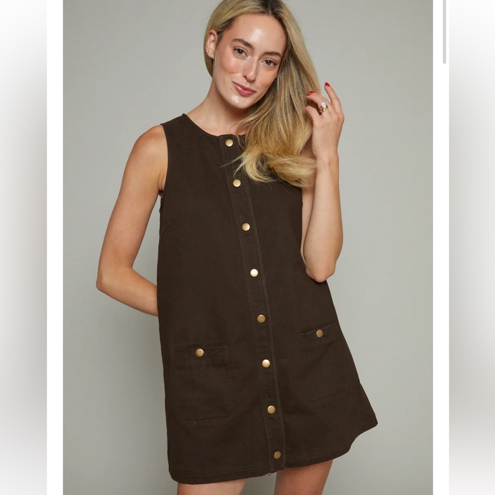 Sleeveless Button-Front Mini Dress in Dark Brown